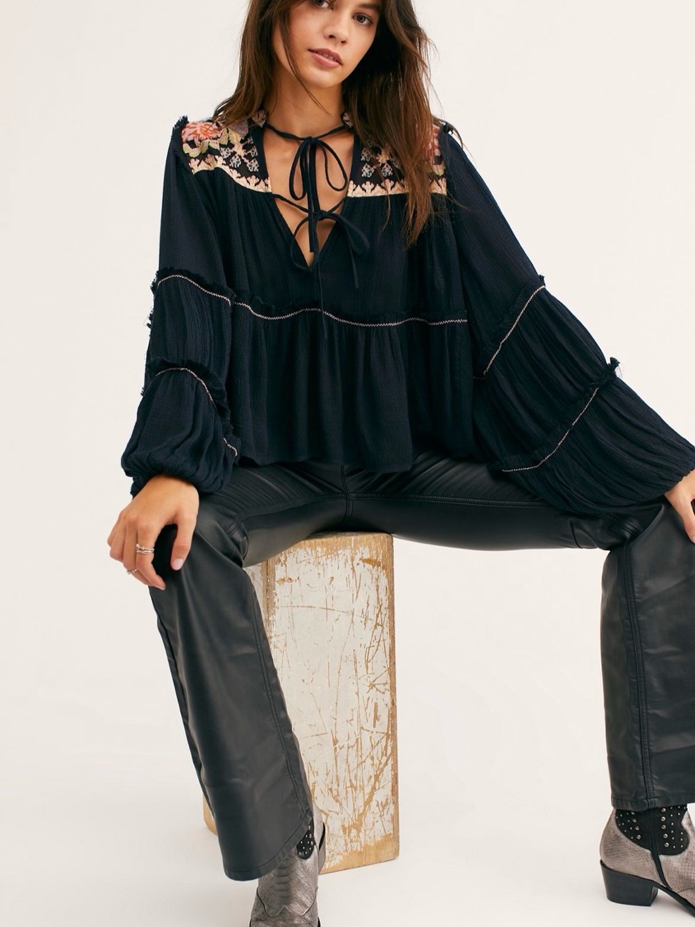 Free People In Vivid Embroidered Black Peasant Blouse - Women Tops